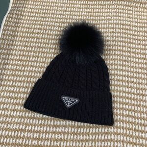 Prada Black Knit Beanie with Pom Pom